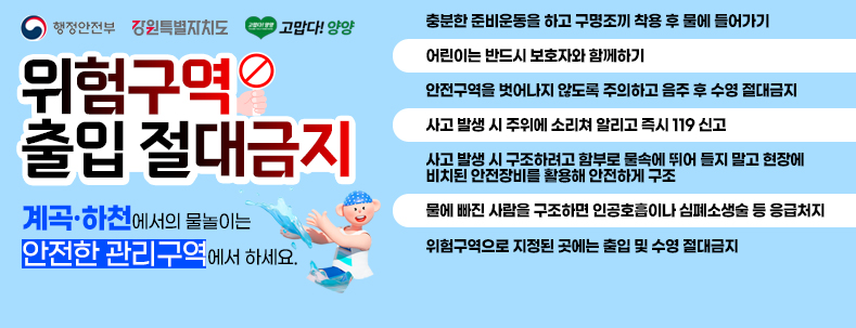 제목 행정홈페이지 메인알림창 등록요청 등록일 2025-07-18 오전 8:57:13
이름 양희성 hsyj224@korea.kr 전화번호 033-670-2462 IP 211.253.82.243
* 이미지 없음
* 게시기간: ~9.30.까지
* 내용
계곡ㆍ하천에서의 물놀이는 안전한 관리구역에서 하세요, 위험구역 출입 절대금지
○ 물놀이 행동요령
- 충분한 준비운동을 하고 구명조끼 착용 후 물에 들어가기
- 어린이는 반드시 보호자와 함께하기
- 안전구역을 벗어나지 않도록 주의하고 음주 후 수영 절대금지
- 사고 발생 시 주위에 소리쳐 알리고 즉시 119 신고
- 사고 발생 시 구조하려고 함부로 물속에 뛰어 들지 말고 현장에 비치된 안전장비를 활용해 안전하게 구조
- 물에 빠진 사람을 구조하면 인공호흡이나 심폐소생술 등 응급처지
- 위험구역으로 지정된 곳에는 출입 및 수영 절대금지